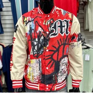 Members Only Red and Cream Graffiti Bomber Jacket
